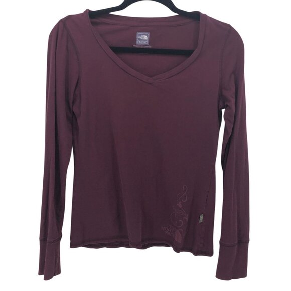 The North Face Womens S/P Purple Wine Long Sleeve V-Neck Cotton Shirt Scroll - Picture 1 of 6
